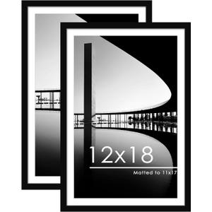PEALSN 12x18 Picture Frame Set of 2, Display Pictures 11 x 17 with Mat or 12 x 18 without Mat for Wall Mounting Display, Poster Frames, Black