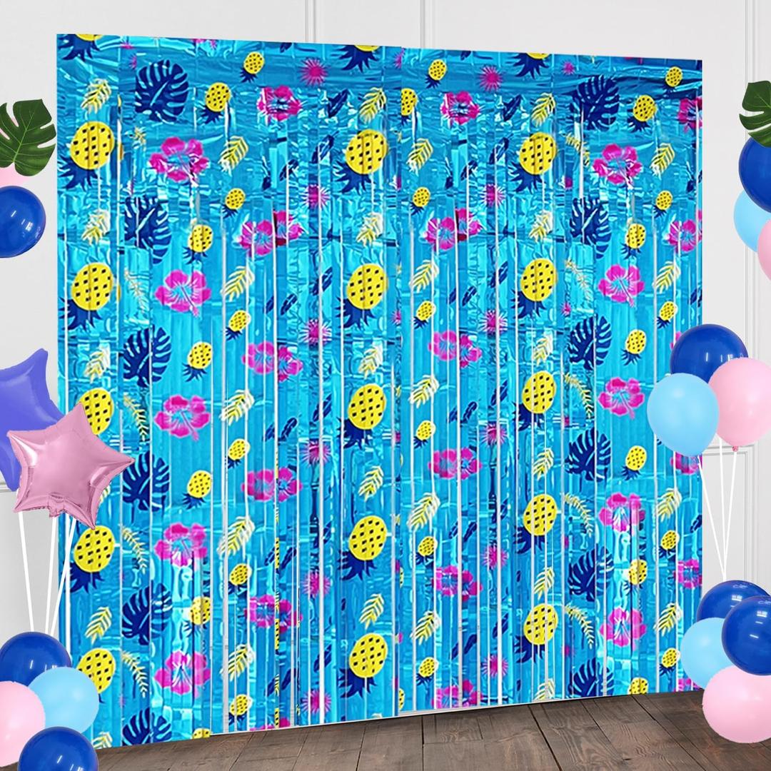 4 Pack Hawaiian Tropical Birthday Party Decorations, 3.3 x 6.6 ft Cartoon Foil Fringe Curtains Blue Door Streamers Cartoon Animation Themed Birthday Party Decor for Kids Favors
