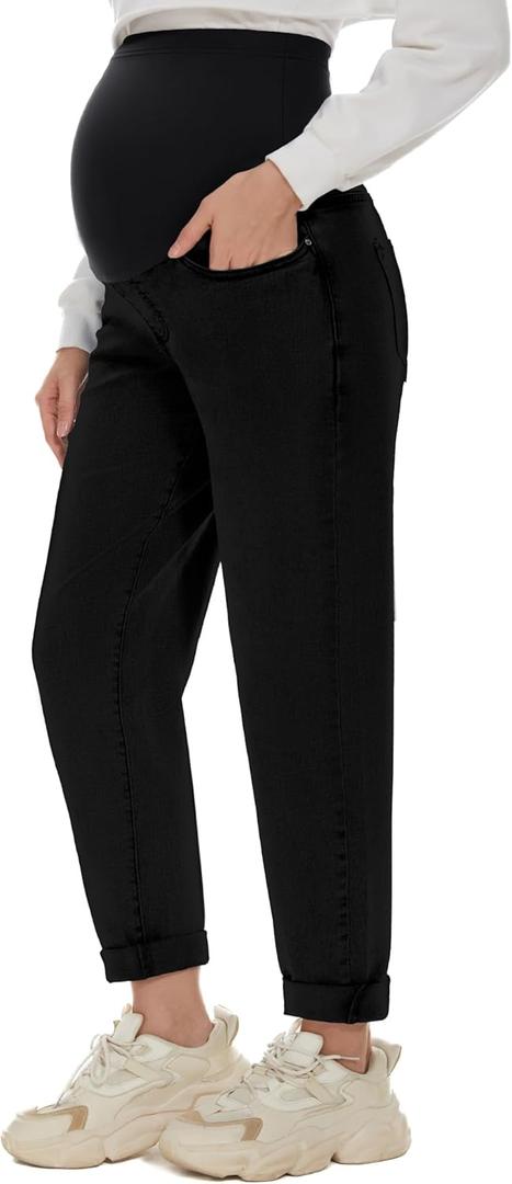 POSHGLAM Women's Maternity Jeans Over Belly Comfy Stretch Boyfriend Jeans Loose Pregnancy Pants, S-XXL (Large, A07 Black)