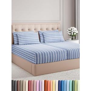 Split King 7 Piece Sheet Set - Comfy Breathable & Cooling - Soft Hotel Luxury Bedding Set w/ 8-16 Inch Deep Pockets - 1 Flat & 2 Fitted Sheet & 4 Pillowcases - Cozy and Wrinkle Free - Blue Stripes 3