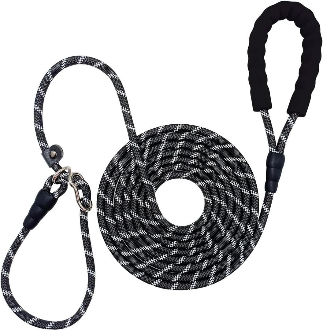 12FT 20FT Anti-Choking Long Training Lead, Reflective 3/8" Thick Slip Lead Rope Leash with Comfortable Handle, No Pull Leash for Medium Large Dogs (12ft, Black)