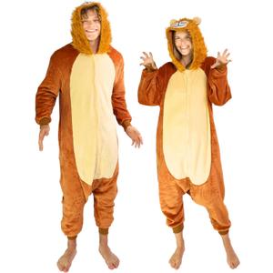 Funziez! Adult Onesie Halloween Costume Animal Dinosaur Shark Unisex Plush One Piece Cosplay Suit for Adults, Men and Women (Large, Lion)
