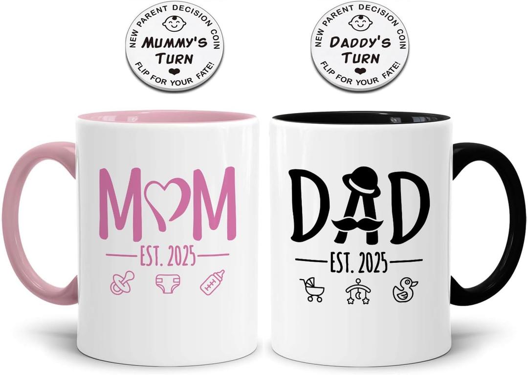 LOZACHE New Mom Dad Coffee Mugs est 2025 with Decision Coin, Expecting Couple Gifts for New Parents Frist Time Mom Dad Soon To Be, Pregnancy Expectant Parents Gifts for 1st Time Mothers Day (2025)