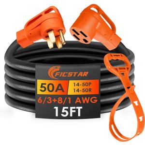 15FT 50 Amp RV/Generator Extension Cord Outdoor with Grip Handle,125/250V,12500W, 4 Prong,Heavy Duty 6/3+8/1 Gauge STW,NEMA 14-50P to 14-50R,ETL Listed