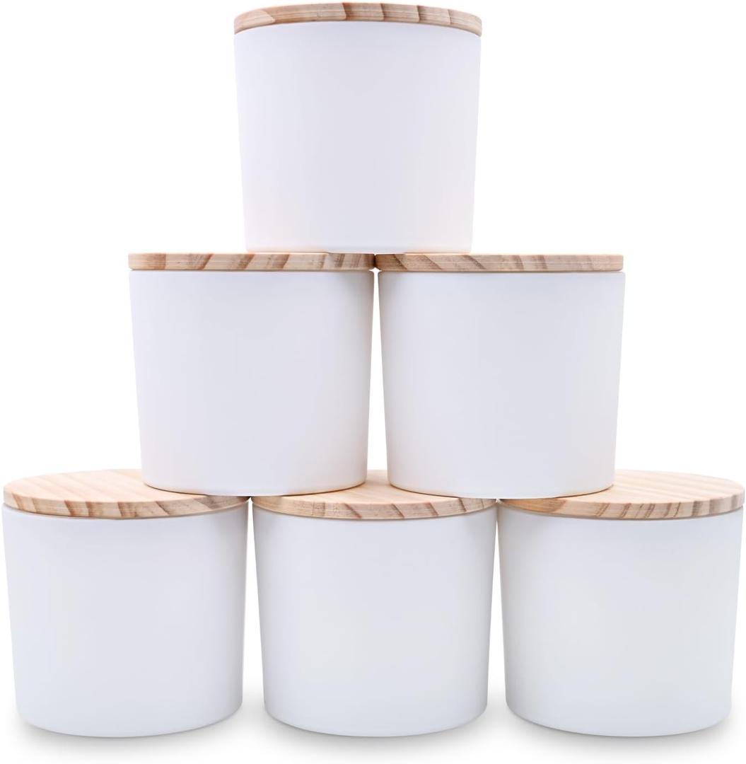 SHOWIN 12 OZ Thick Candle Jars for Making Candles 6 Pcs, Empty Jars with Wood Lids for Spice Jars, Sample Container, Matte White