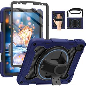 For iPad Air 5th 4th Generation 10.9 inch Case with Screen Protector [15ft Drop Protection] iPad Pro 11 Case 4th 3rd 2nd 1st Gen (2022 2021 2020 2018) for Kids W/ 360 Stand Hand/Shoulder Strap (Navy Blue)