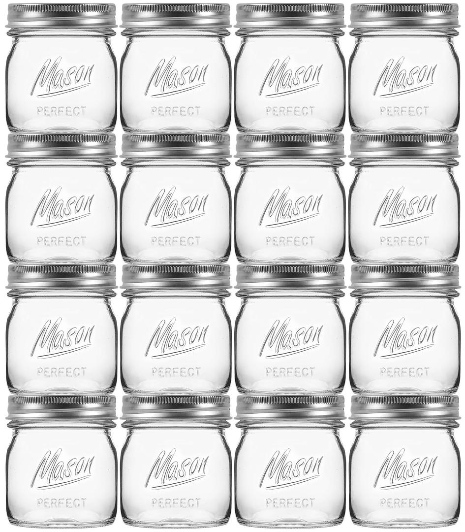 Esrentle 16 Pack 8 oz Mason Jars with Regular Airtight Lids - Glass Canning Jars 8 oz, Mini Mason Jars for Jam, Jelly, Honey, Overnight Oats, Party Favors, Shower Favor, Separable Lids