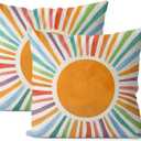 Summer Pillow Covers 16x16 Set of 2, Boho Sun Throw Pillows Stripes Yellow Blue Orange Sunshine Decorations Watercolor Rainbow Pillowcase Linen Boho Outdoor Decor Cushion Case for Home Sofa