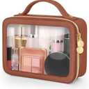 Soimeat Clear Makeup Bag, Portable Travel Cosmetic Bags, Multipurpose Leather Toiletry Bag with Zipper, Waterproof Transparent Cosmetic Organizer for Women, Medium, Brown