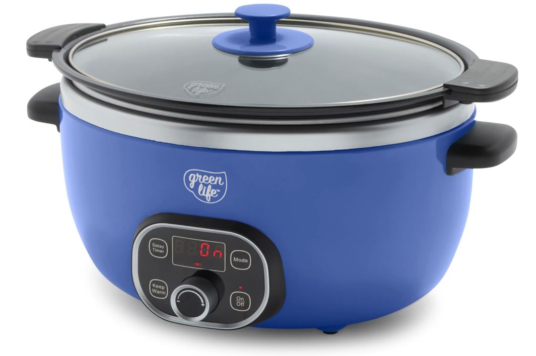 GreenLife 6QT Slow Cooker, Non-Toxic PFAS-Free Ceramic Nonstick Removable Interior Bowl, Programmable, Family Friendly, Keep Warm, Stovetop & Oven Safe, Dishwasher Safe Crock, Timer, Glass Lid, Blue