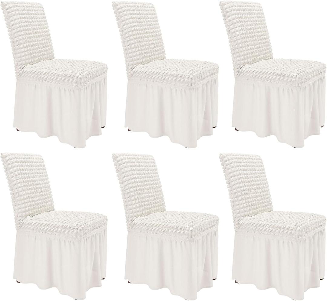 NICEEC High Stretch Chair Covers for Dining Chairs Covers Set of 6 Removable Dining Room Chair Covers with Skirt Spandex Parson Chair Slipcovers Protector for Kitchen Wedding Party Banquet(White)