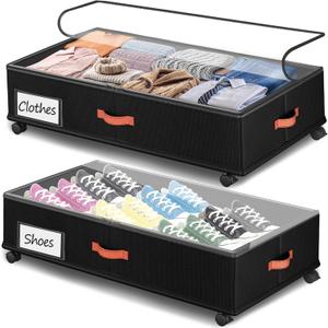 Under Bed Storage with Wheels 2-Pack, Under Bed Storage Containers 66L Clear Lids, Rolling Storage Drawers for Clothes Shoes Blankets, Underbed Organizer Bins(30" L x 16.2" W x 7.5" H)