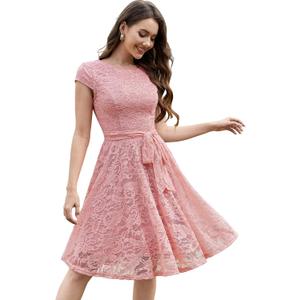 MUADRESS Women's Lace Cocktail Wedding Party Dress (XX-Large, Round Neck-Blush)