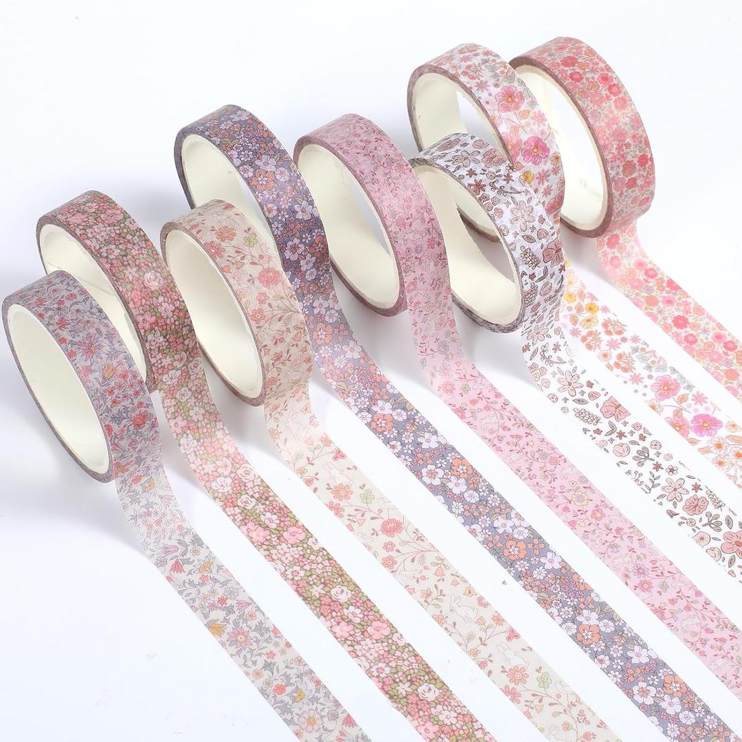 8 Rolls Vintage Washi Tape Set Thin Retro Decorative Antique Patterns Masking Tapes Bohemian Colorful Cute Little Flowers for Arts, DIY Crafts, Journals, Planners, Scrapbook, Wrapping