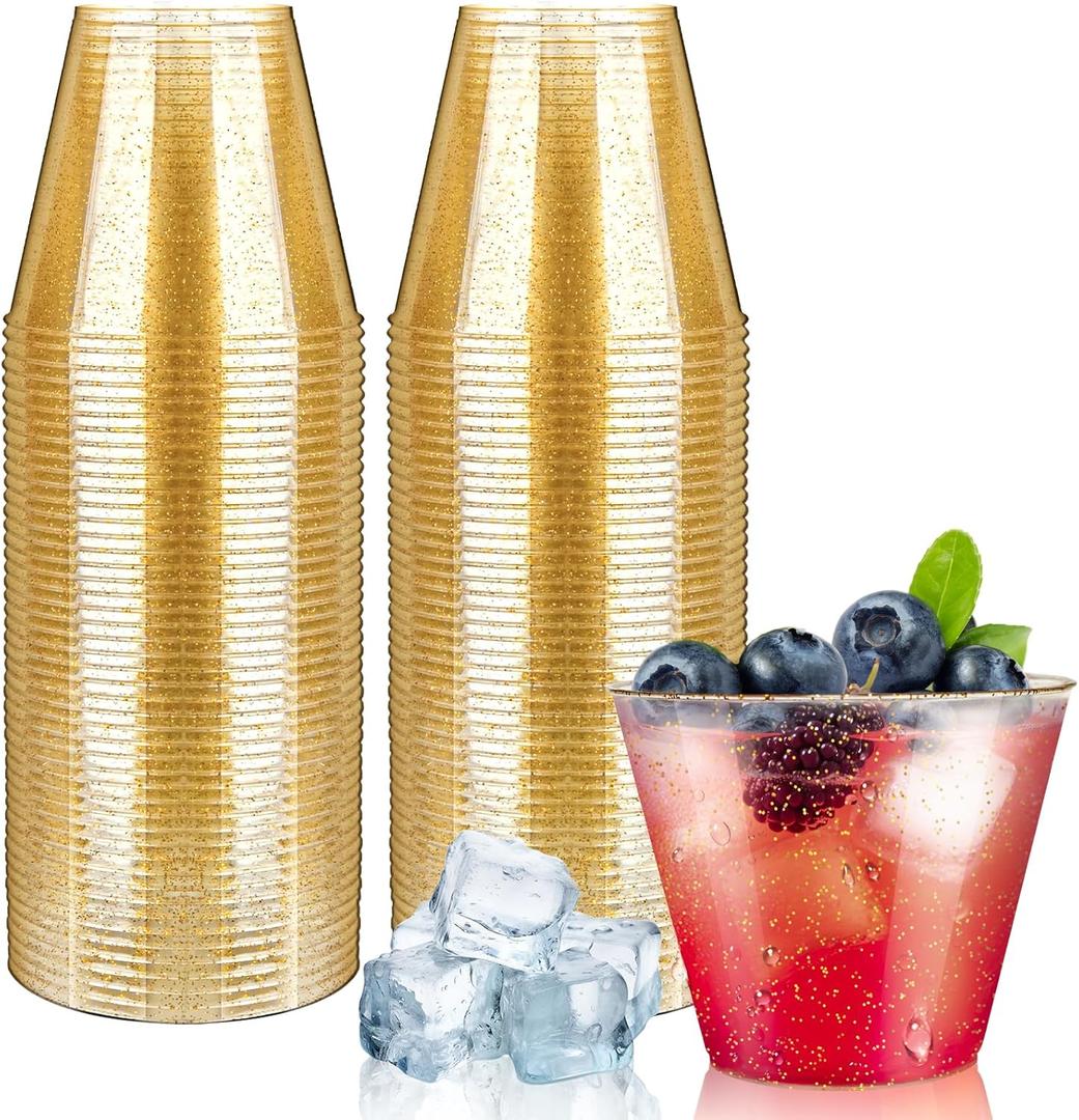 [100 Pack] 9oz Plastic Cups with Gold Glitter Sturdy & Food Safe Disposable Glasses Party Wedding Cups Disposable Drinking Cups Plastic Cocktail Glasses for , Cocktails & Cold Beverages