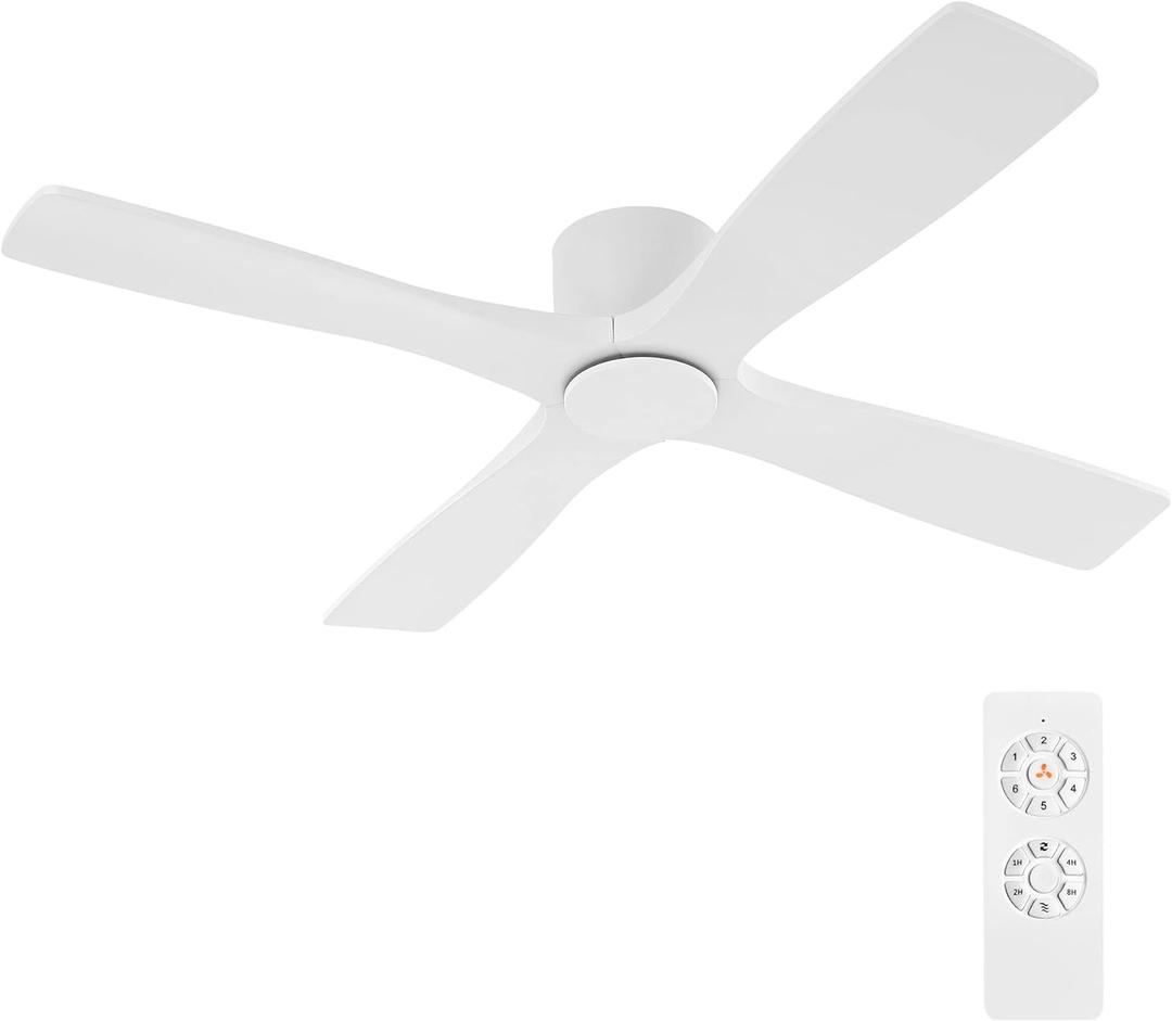 WINGBO 54 Inch Flush Mount DC Ceiling Fan without Lights, 4 Reversible Carved Wood Blades, 6-Speed Noiseless DC Motor, Huger Ceiling Fan No Lights in Gloss White with White Blades