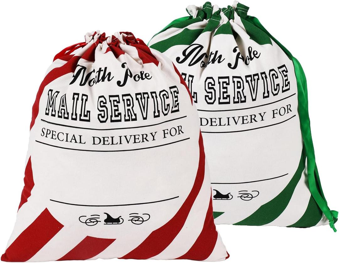2 Pack Large Embroidered Santa Sack, Personilized Christmas Santa Bags Reusable Large Canvas Gift Bag with Drawstring for Xmas Package Storage and Party Supplies Favors (Signature Christmas)