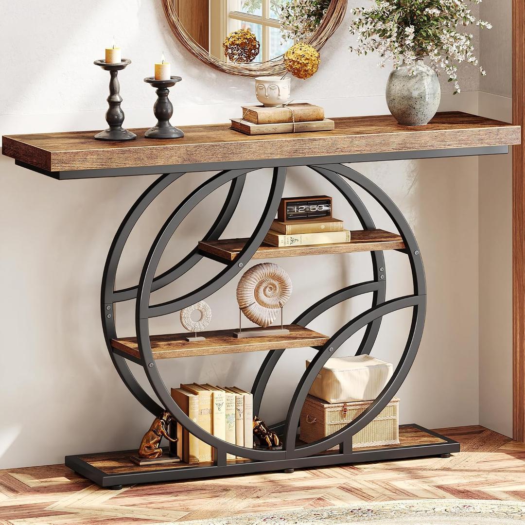 Huuger 47.2 Inch Entryway Table, Industrial Console Sofa Table with Storage, Accent Table with Shelves, for Entry, Hallway, Entrance, Foyer, O-Shaped Metal Frame, Rusitc Brown, 11.8"d X 47.2"w X 33.5"h