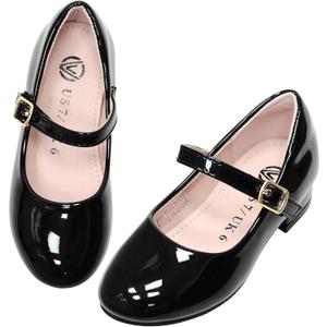 Girls Dress Shoes-Mary Jane Shoes for Girls Low Heel Princess Hook and Loop Dress Shoes Party Wedding Flats, Size: 2 Big Kid (Black)