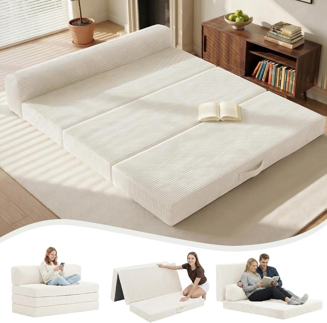 6 inch Tri-Folding Mattress Queen Futon Sofa Bed, Convertible Foldable Mattress Foldable with Removable Cushions & Washable Cover, Floor Mattress Small Couch Bed Living Room, Queen, Beige