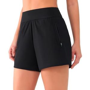ANFILIA Women's 3" High Waisted Swim Shorts with Zipper Pockets Quick Dry Board Shorts Swimsuit Bottoms Built-in Brief, XL