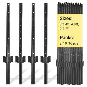 Metal Fence Posts, 4 FT Black Heavy Duty U Posts, No Dig T Posts for Fences Wire Mesh, Perfect for Temporary Fencing, Electric Fence Wire, Corner Anchor - 16 Packs