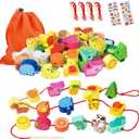 Montessori Educational Wooden Lacing Beads Toys for Toddler 3 4 5 Year Old, Farm Animals Fruits Vegetables Threading Toys Preschool Stringing Fine Motor Skills Toy for Boys Girls [with 3D Stickers]