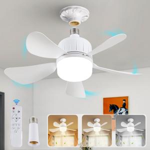 Socket Fan Light Bulb, Dimmable LED Ceiling Fans with Lights and Remote, Plug in Ceilng Fans and 1 Socket Extender, 3 Colors 3000K-6500K, Replacement Light Bulb Fan for Kitchen Garage BedRoom, White