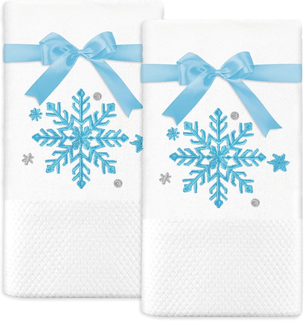 JarThenaAMCS Christmas Hand Towels Winter Blue Snowflake Embroidered Cotton Bathroom Towel Absorbent Bath Towel for Holiday Hand Drying Cleaning Cooking, 29.5 x 13.7 Inch, 2Pcs