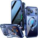 [360 Rotatable CD Stand & Built-in Privacy Screen Magnetic Case for iPhone 17 Pro Max [Compatible with MagSafe & Full Signal] Shockproof Full Body Anti-Spy Cover for 17 Pro Max-Blue