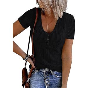 MEROKEETY Women's Summer Short Sleeve V Neck T Shirts Casual Ribbed Button Henley Knit Tops Blouse, Small Size, Black Color