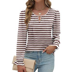 Womens Long Sleeve Tops Dressy Business Casual Blouses Basic Loose Fit V Neck Work Shirt 2024 Fall Clothes Outfits (Large, Striped Brown White)
