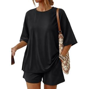 Trendy Queen 2 Piece Summer Set Oversized Top & Loose Fit Shorts with Pockets (Black, S)