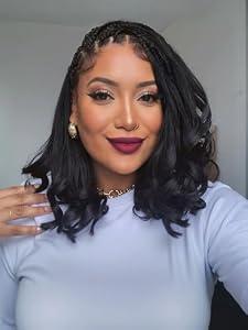 WIGER Boho Braided Wigs for Black Women Full Lace French Curly Bob Wig with Baby Hair Knotless 13X8 Lace Frontal Bohemian Box Braided Wigs Women Synthetic African American Women Hair