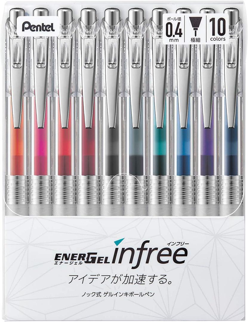 Pentel BLN74TL-10 Gel Ink Ballpoint Pen, ENERGEL IN FREE, 0.4mm, 10 Colors