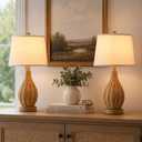 Hamilyeah 23" Farmhouse Table Lamps Set of 2 with Bulbs Included, Boho Bedside Lamps with Fabric Shade, Natural Woven Rattan Nightstand Lamps for Bedroom, Living Room, Large Spaces