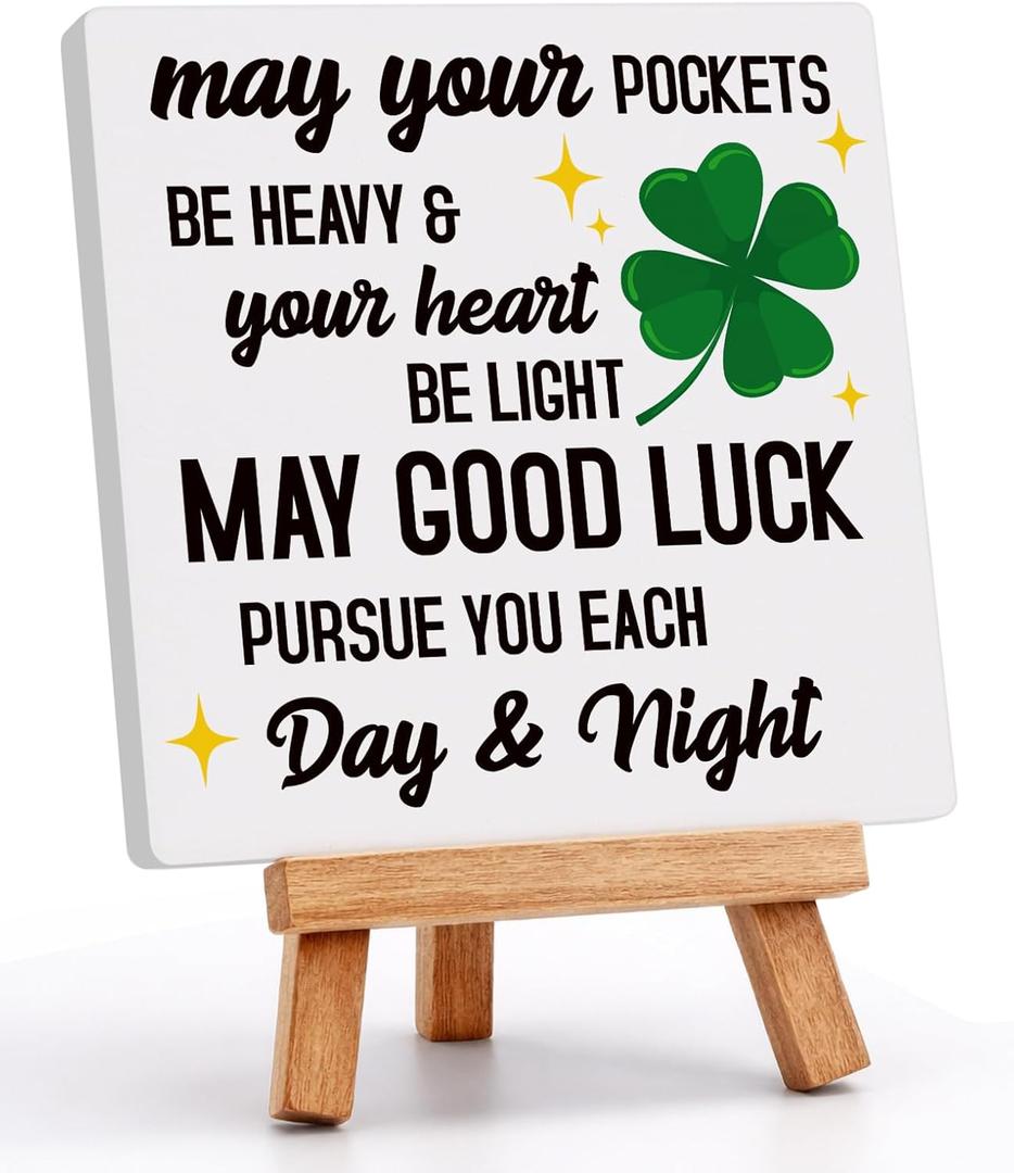 St Patricks Day Decoration - Happy Saint Patricks Day Accessories Decor, Ceramic Irish Blessing Table Desk Sign, Green Lucky Shamrock Home Office Spring Tiered Tray Decor Centerpiece