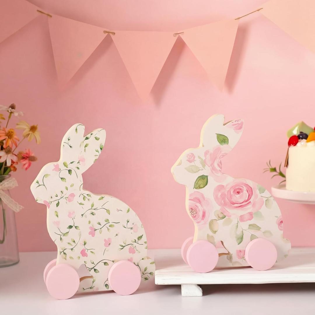 Yousoontic 2 Pcs Bunny Baby Shower Decoration Wooden Bunnies Decor with Wheels Baby Shower Table Centerpieces with Floral Prints Gift for Mom Gender Reveal Birthday Party, Nursery Decor(Pink Easter)