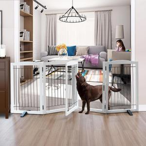 Foldable Freestanding Dog gate with Door Indoor, Wooden White Pet Gate for Doorway, Stairs, House, or Room, Dog Fence with Support Feet Included, 32" Height, 4 Panels