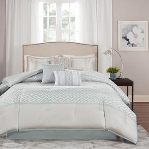 Madison Park Luxury Comforter Set-Traditional Jacquard Design All Season Down Alternative Bedding, Matching Bedskirt, Decorative Pillows, Queen(90"x90"), Bennett, Geometric Aqua 7 Piece