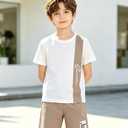 Ayzozuy Boy Clothes Colorblock Top + Drawstring Waist Shorts 2 Pieces Kid Summer Outfits Set (White)