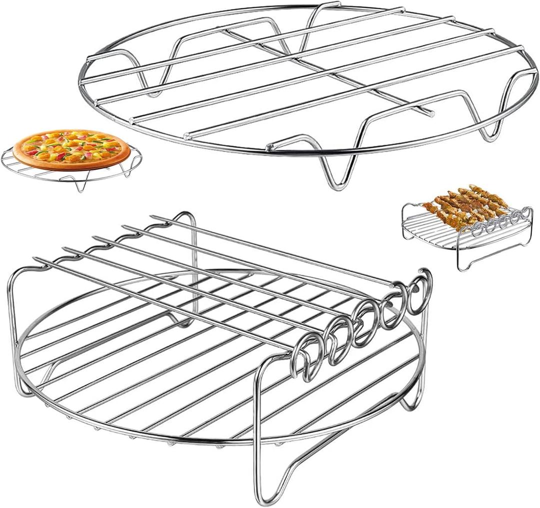 Air Fryer Rack for Air Fryer Oven, Set of 2 Multi-purpose Accessories Metal Double Layer Wire Rack with Skewer for Ninja, Power XL, Cosori, Instant Pot, Gourmia, Chefman, Dishwasher Safe