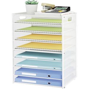 SUBEKYU 9 Tier Paper Letter Tray Desk Organizer with Handles - White Metal Mesh File Holder Paper Sorter Desk Organizer for Office Home School, Include 6 Pcs Adjustable Slid Tray, 6 Colors