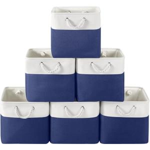 13 x 13 Inch Cube Storage Bins, 6 Pack Fabric Storage Basket with Handles, Foldable Boxes Organizer for Shelf Baskets for Home, Clothes (White/Blue)