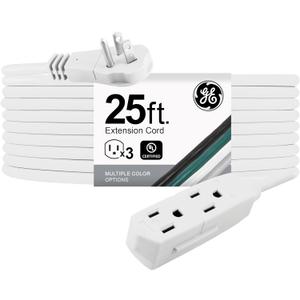 GE 3-Outlet Flat Extension Cord 25 Ft Grounded Extension Cord with Multiple Outlets 3 Prong Outlet Extender Flat Plug Indoor Power Strip 16 Gauge UL Listed White 69920