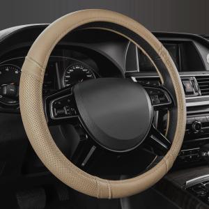 Car Pass Classical Leather Automotive Universal Steering Wheel Covers,Universal Fit for Suvs,Trucks,Sedans,Cars, Vans, 14.5-15inch Anti-Slip Safety Comfortable Desgin (Beige)