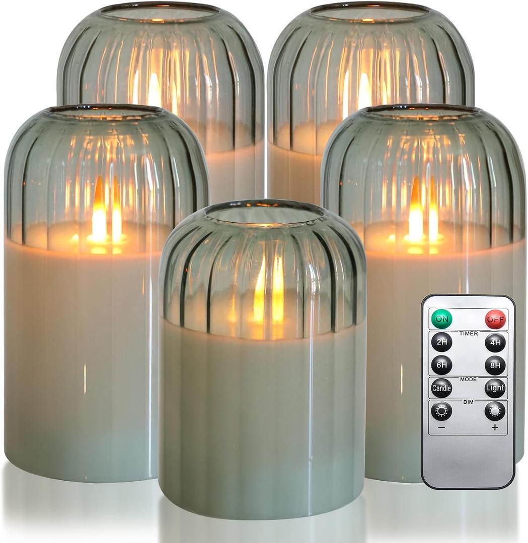 MUMCHASI Green Flameless Battery Operated Candles with Remote, Set of 5 Glass Jar LED Candles with Dancing Flame, Flickering Electric Candlelight for Home Wedding Party Decor H4556" 6