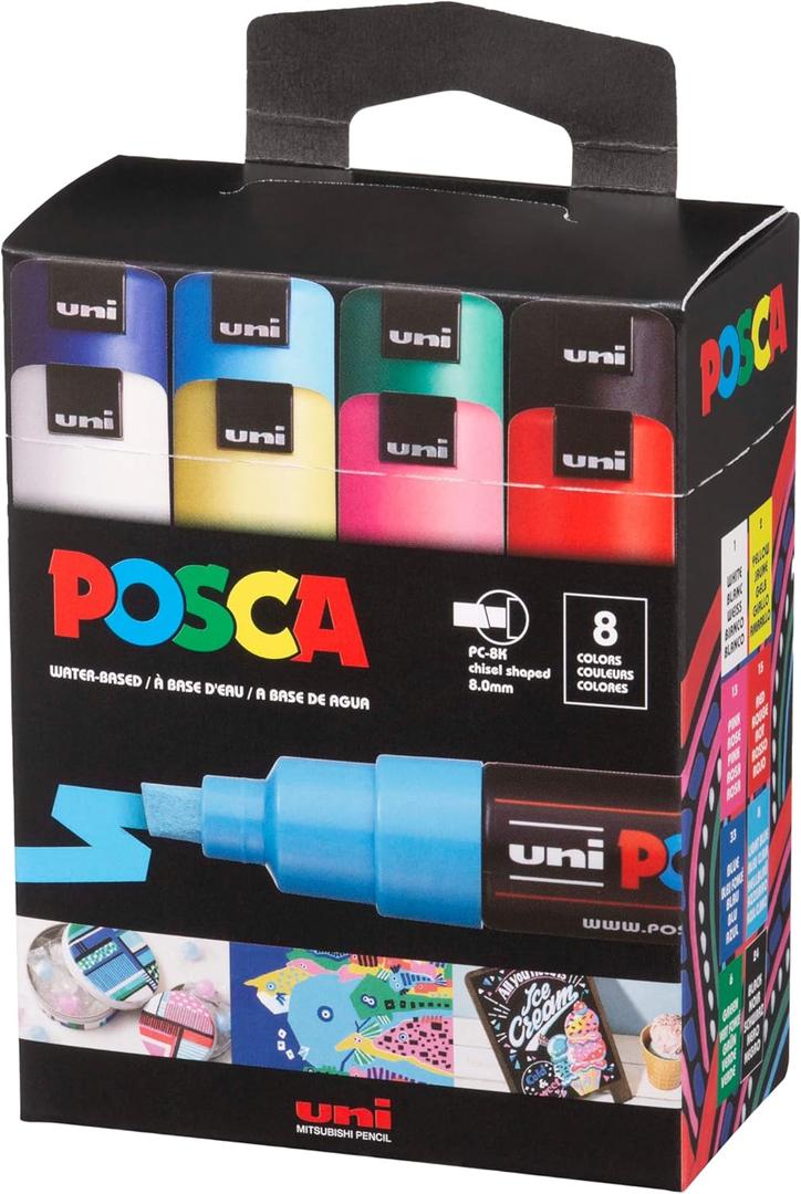 posca Paint Markers, 8K Broad Chisel Tips, Set of 15 Acrylic Art Pens for Coloring Fabric, Canvas, Glass, or Metal, PC8K15C