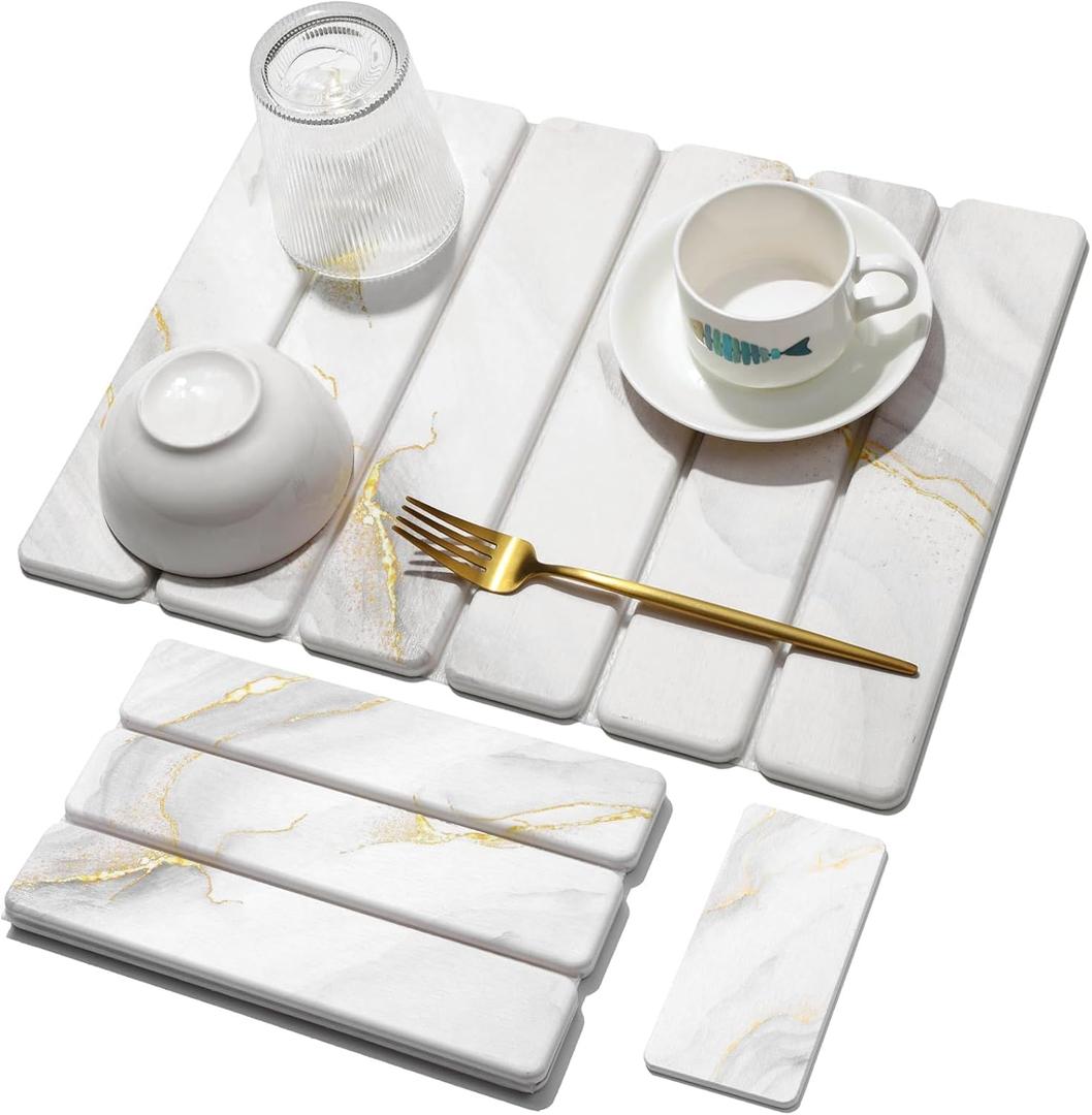 Small Stone Dish Drying Mat for Kitchen Counter, 15.7"12" & 8"x4" Quick Dry Stone Mats, Foldable Water Absorbing Diatomaceous Earth Drying Dish Pad for Countertop Bottles Utensils Cup (Gold White)