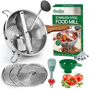 Stainless Steel Food Mill With 3 Milling Discs,Ergonomic design Rotary hand crank,Wood Grain Handle Food Mills For Tomato Sauce,Potatoes,Jams,With Funnel,Multifunctional Spoon,Blue MW-N02